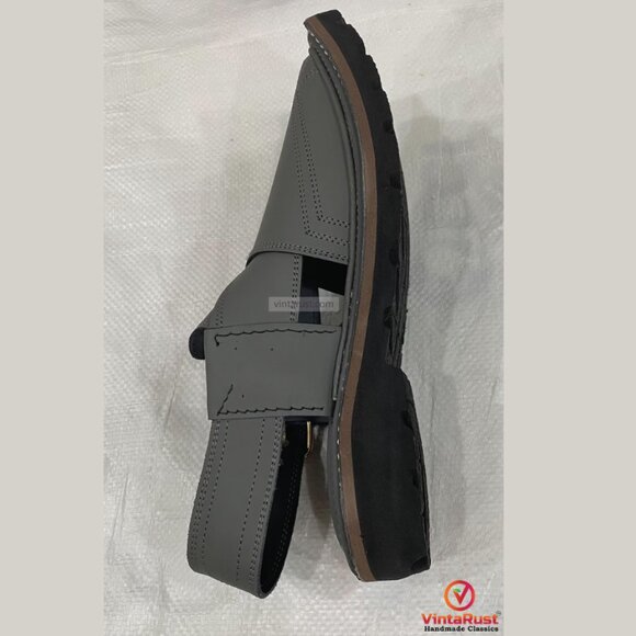 Classic Grey Leather Peshawari Chappal: Traditional & Trendy Footwear Gift main image 5
